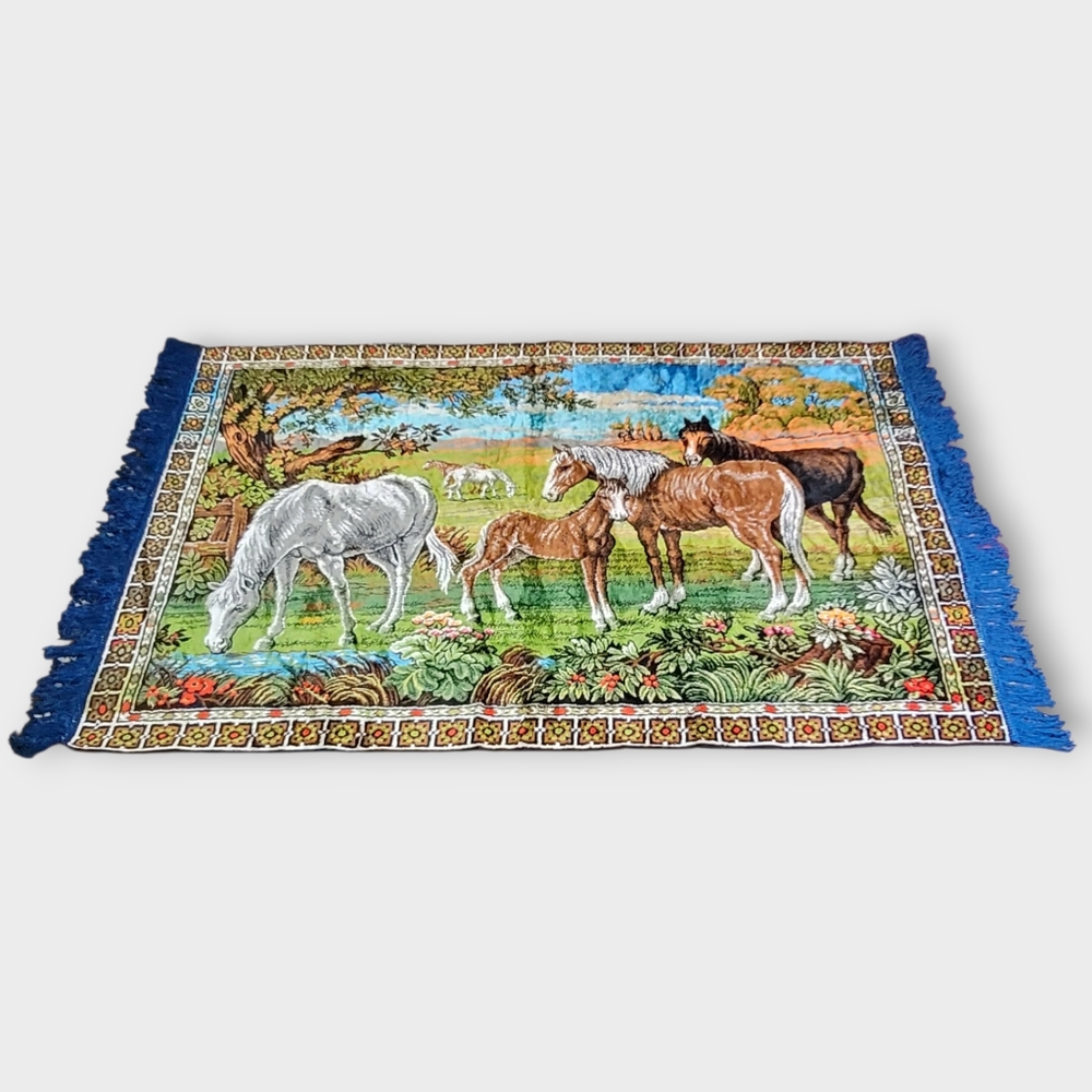 Vintage Italian Fringe Velvet Horse Grazing Oversize Tapestry Rug 6ft. X 4ft.